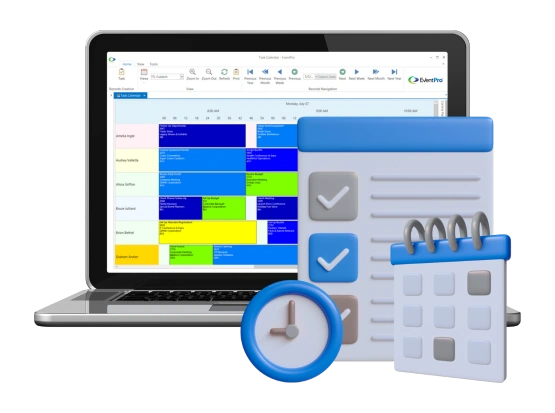 EventPro event management software with calendar, clock, and task icons