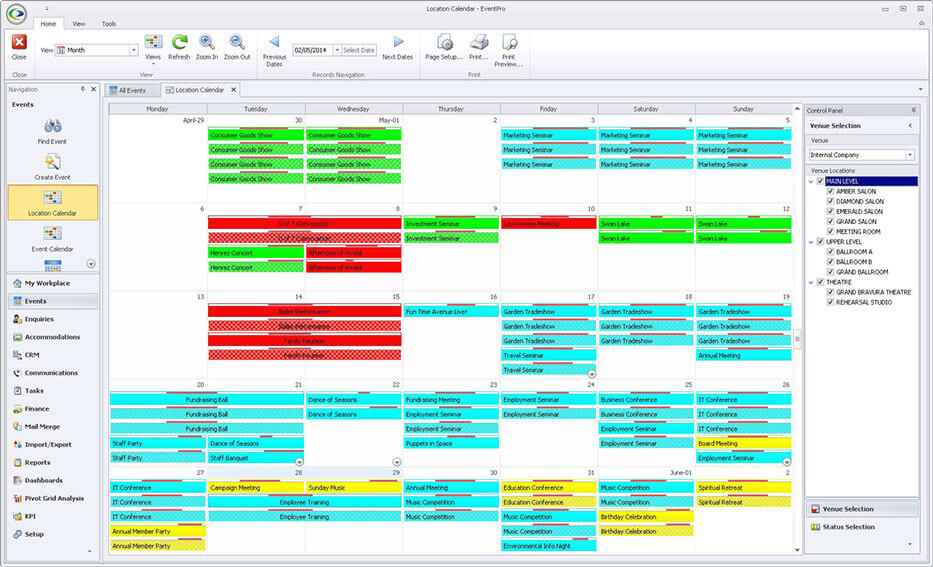 Color-coded monthly venue booking calendar in EventPro software